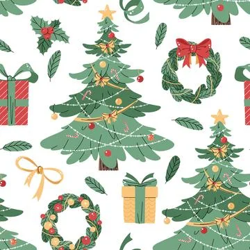 Seamless pattern with Christmas tree, wreath and gifts. Vector holiday textur Stock Illustration