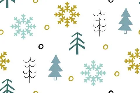 Seamless pattern with Christmas trees and snowflakes on a white background Stock Illustration