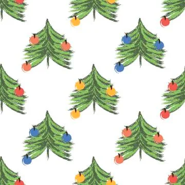 Seamless pattern with Christmas trees and christmas balls. Xmas tree hand drawn Stock Illustration