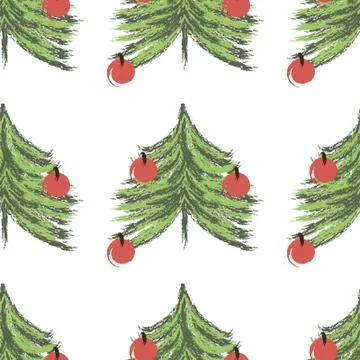 Seamless pattern with Christmas trees and christmas balls. Xmas tree hand drawn Stock Illustration