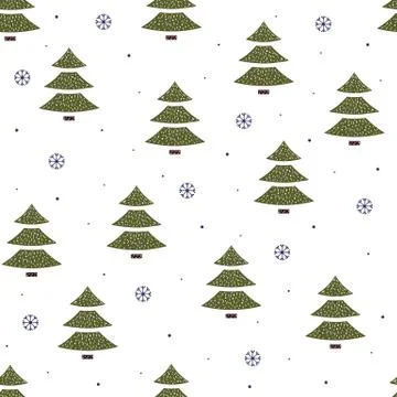 Seamless pattern of Christmas trees and snowflakes in flat style on a white b Stock Illustration