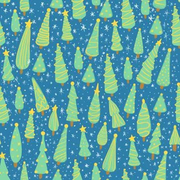 Seamless pattern with Christmas trees and falling snow. Cute hand drawn fir. Stock Illustration