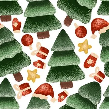A seamless pattern of christmas trees and decorations on a white background Illustrazione stock