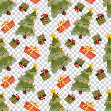 Seamless pattern with Christmas trees and gift boxes. Watercolor illustration. Stock Illustration