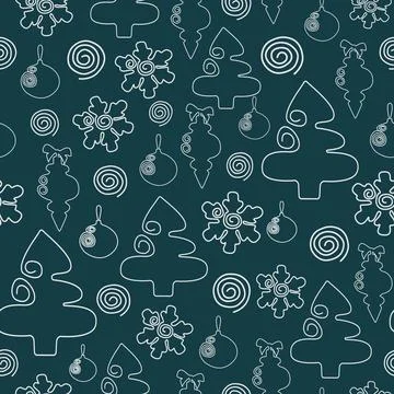 Seamless pattern with Christmas trees and ornaments in white line art on dark Stock Illustration