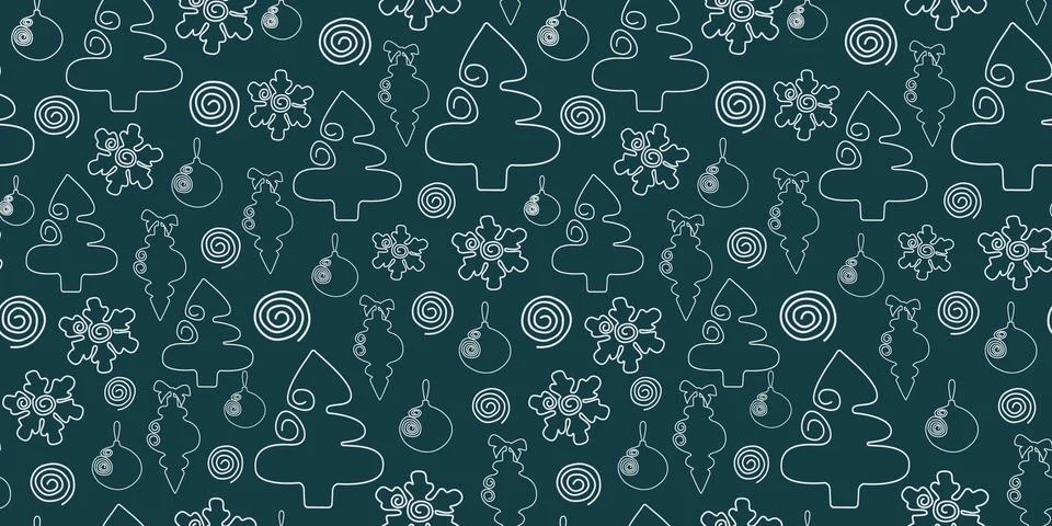 Seamless Pattern with Christmas trees and ornament in white continuous line on Stock Illustration