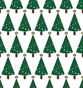 Seamless Pattern Of Christmas Trees Decorated With Christmas Balls And Stars. Stock Illustration
