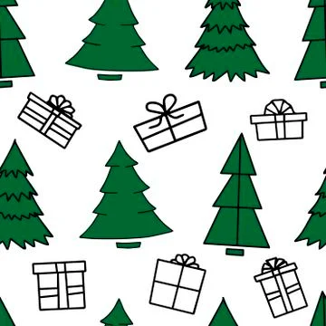 Seamless pattern with Christmas trees of different shapes in dark green on a  Stock Illustration
