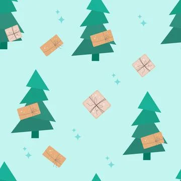 Seamless pattern with Christmas trees, gifts, leaves and stars. Vector colorf イラスト素材