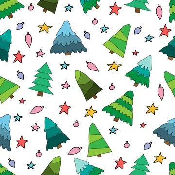 Seamless pattern, Christmas trees in hand drawn style. Vector illustration. Stock Illustration