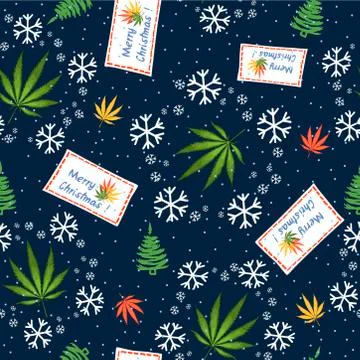 Seamless pattern with Christmas trees, hemp leaves, envelope and snowflakes Stock Illustration