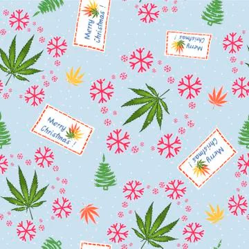 Seamless pattern with Christmas trees, hemp leaves, envelope and snowflakes Stock Illustration