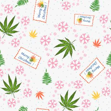 Seamless pattern with Christmas trees, hemp leaves, envelope and snowflakes Illustrazione stock