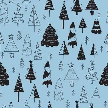 Seamless pattern of Christmas trees on light blue background. Vector illust.. イラスト素材