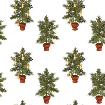 Seamless pattern with Christmas trees in pots on a white background. New Year Stock Illustration