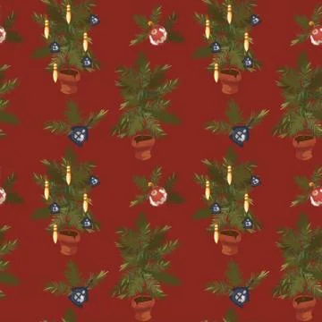 Seamless pattern with Christmas trees in pots on a red background. New Year Stock Illustration