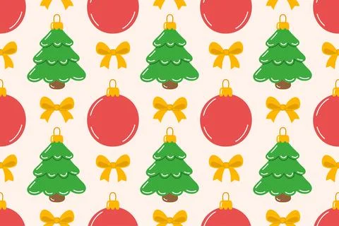 Seamless pattern with Christmas trees, red baubles and yellow bows. flat styl Stock Illustration