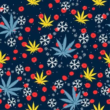 Seamless pattern with Christmas trees, snowflakes and cannabis leaves Stock Illustration