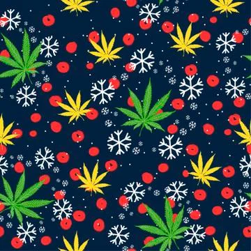 Seamless pattern with Christmas trees, snowflakes and cannabis leaves Stock Illustration