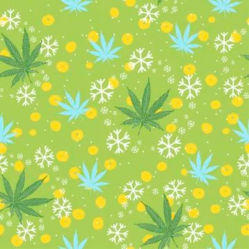 Seamless pattern with Christmas trees, snowflakes and cannabis leaves Stock Illustration