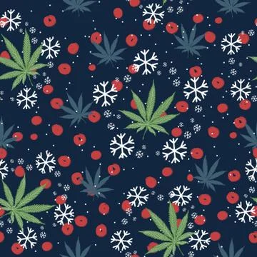 Seamless pattern with Christmas trees, snowflakes and cannabis leaves Stock Illustration