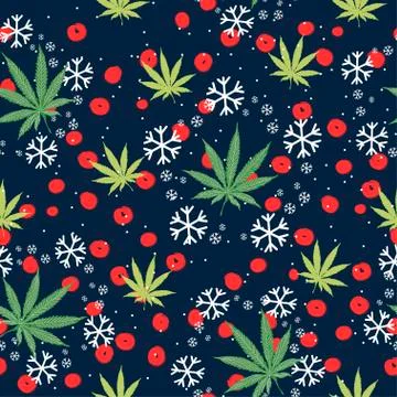 Seamless pattern with Christmas trees, snowflakes and cannabis leaves Stock Illustration