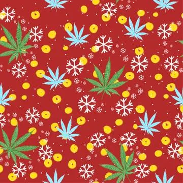 Seamless pattern with Christmas trees, snowflakes and cannabis leaves Stock Illustration
