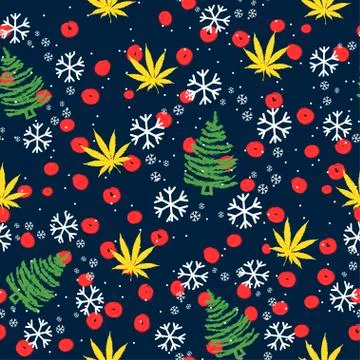 Seamless pattern with Christmas trees, snowflakes and cannabis leaves Stock Illustration
