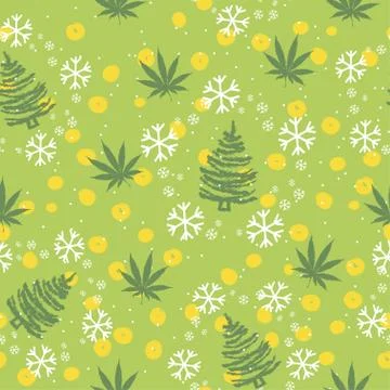 Seamless pattern with Christmas trees, snowflakes and cannabis leaves Stock Illustration