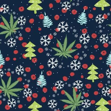 Seamless pattern with Christmas trees, snowflakes and cannabis leaves Illustrazione stock