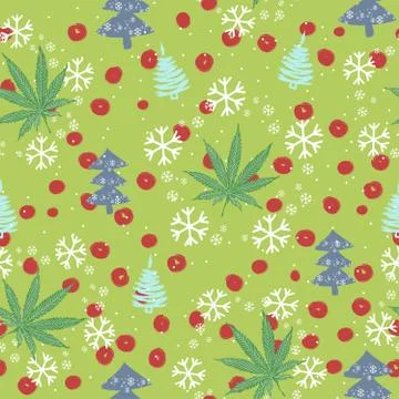 Seamless pattern with Christmas trees, snowflakes and cannabis leaves Stock Illustration