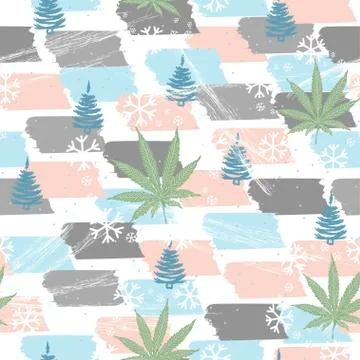 Seamless pattern with Christmas trees, snowflakes and cannabis leaves Illustrazione stock