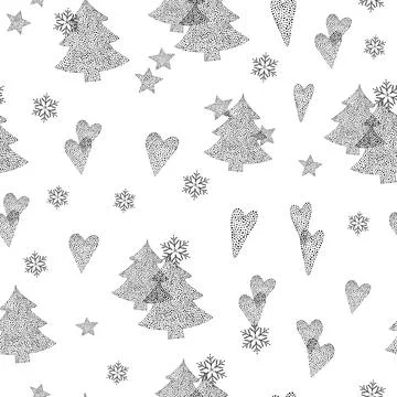 Seamless pattern of Christmas trees, snowflakes, hearts and stars. Illustrazione stock