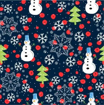 Seamless pattern with Christmas trees, snowman and snow - Vector Stock Illustration