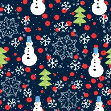 Seamless pattern with Christmas trees, snowman and snow - Vector Stock Illustration