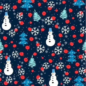 Seamless pattern with Christmas trees, snowman and snow - Vector Stock Illustration