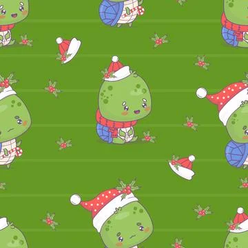 Seamless pattern with Christmas turtle in Santa hat on green background wit.. Stock Illustration