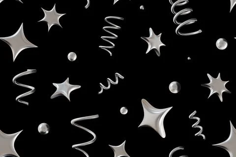 Seamless pattern with chrome 3D abstract shapes including stars, spirals, a.. Stock Illustration
