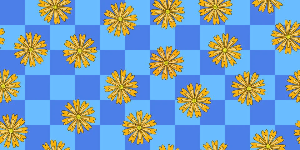 Seamless pattern with chrysanthemum or marigold flowers on checked blue Stock Illustration