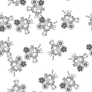 Seamless pattern cinema camera sketch hand drawn 스톡 일러스트