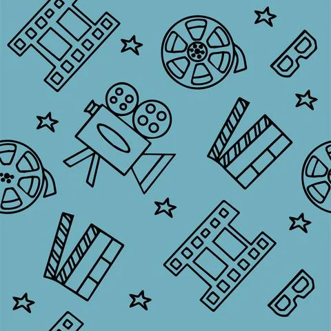 Seamless Pattern with Cinema, TV Shows, Series and Movies Funny Doodle Vector Illustrazione stock