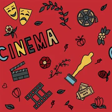 Seamless Pattern with Cinema, TV Shows, Series and Movies Funny Doodle Vector Stock Illustration