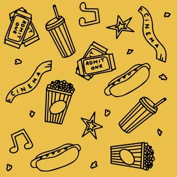 Seamless Pattern with Cinema, TV Shows, Series and Movies Funny Doodle Vector Stock Illustration