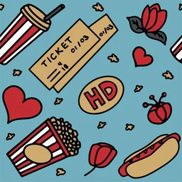 Seamless Pattern with Cinema, TV Shows, Series and Movies Funny Doodle Vector Stock Illustration