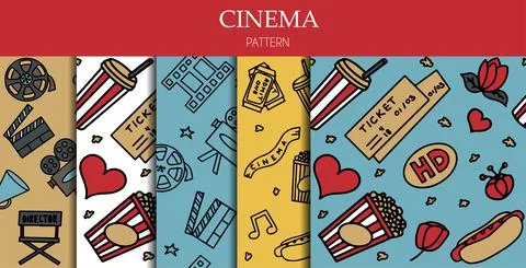 Seamless Pattern with Cinema, TV Shows, Series and Movies Funny Doodle Vector Illustrazione stock