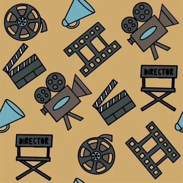 Seamless Pattern with Cinema, TV Shows, Series and Movies Funny Doodle Vector Stock Illustration