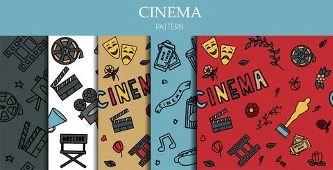 Seamless Pattern with Cinema, TV Shows, Series and Movies Funny Doodle Vector Stock Illustration