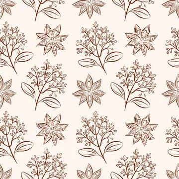 Seamless pattern with cinnamon flower and star anise illustrations in line art Stock Illustration