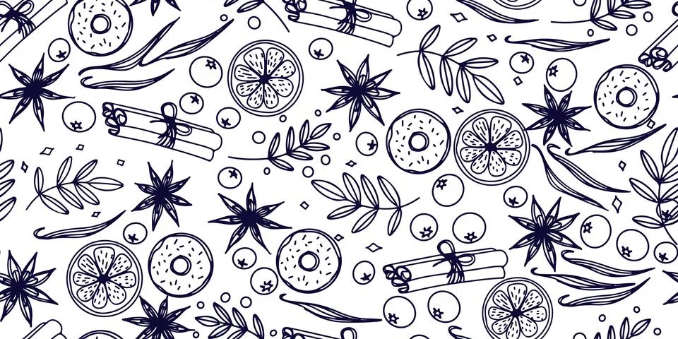 Seamless pattern with cinnamon, leaf, orange slice, donut, berry, star anis.. 스톡 일러스트