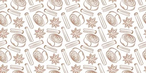 Seamless pattern with cinnamon roll, stick and star anise in line art style Stock Illustration